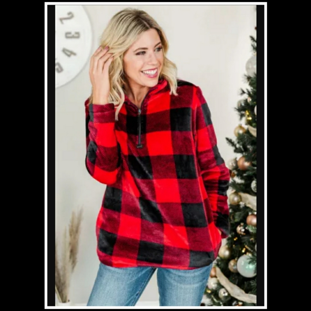 ‼️CLEARANCE PRICE FIRM‼️Red Plaid Print 1/4 Zip Sweatshirt ❤ - Picture 4 of 6
